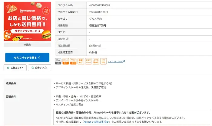 a8の成果詳細画面のキャプチャー画像