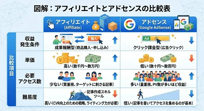 アフィリエイトとアドセンスの違いを表す画像