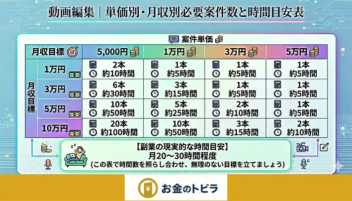 動画編集の単価別・月収別必要案件数と作業時間の目安表