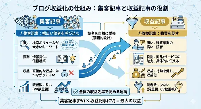集客記事と収益記事の違いを表す画像