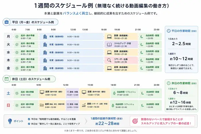 動画編集副業の１週間のスケジュール図解