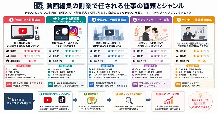 動画編集副業で任される仕事の種類図解